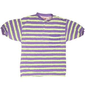 TOMATO Mens Striped Polo Shirt Short Sleeve Purple Green Button Up Pocket Size M